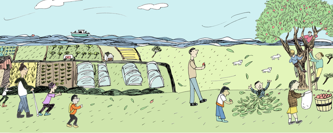 Cartoon illustration of a school bus with children picking apples from a tree.